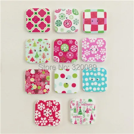Free Shipping 100pcs 25mm Wood Christmas Buttons Mixed Patterns Square Shape Wooden Christmas Buttons 2-Hole Buttons Scrapbook