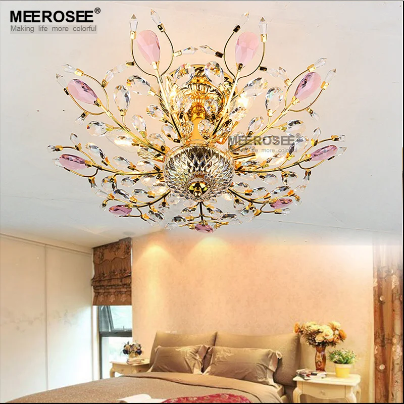 

Luxurious Pink Color Crystal Ceiling Light Fitting Golden Color Mounted Ceiling Lamp de cristal Lustre for Living room Hotelroom