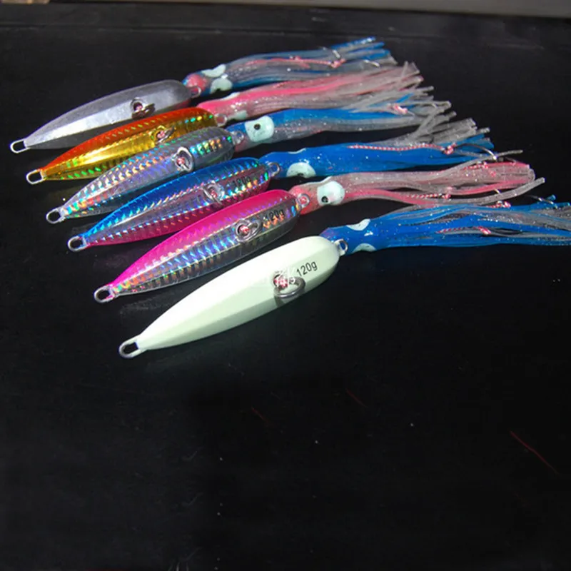 

Ufishing 5Pcs/Lot Squid Lead head Fishing Lures Baits Laser Painted Metal Jigs Rubber Lure 40g 60g 80g 100g 120g 150g 200g