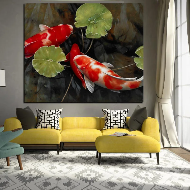 Chino Koi Pez Loto Lienzo Impresiones Feng Shui Animal Paisaje