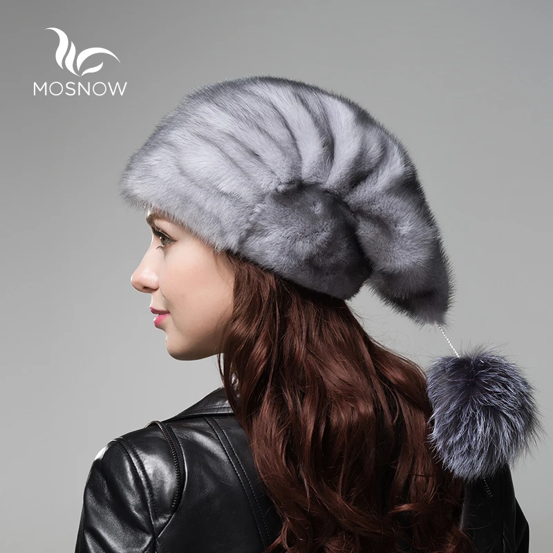 

MOSNOW Whole Genuine Mink Fur Hats Female Winter With Fox Fur Pompons Elegant Luxury High Quality Ladies Beanie