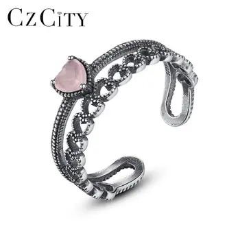 

CZCITY New Vintage Solid Thai Silver Heart Open Rings for Women Anniversary Fine Jewelry Pink CZ Anillos Femme Love Gifts SR0283