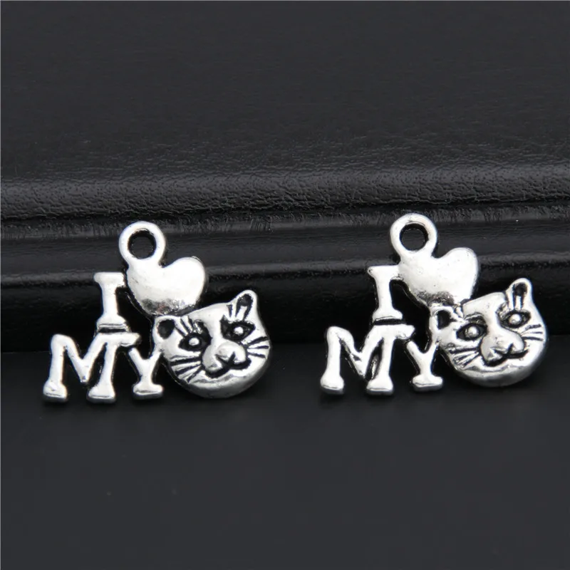20pcs Antique Silver I Love Cat Charms Pendant For Jewelry Making Bracelet Accessories DIY