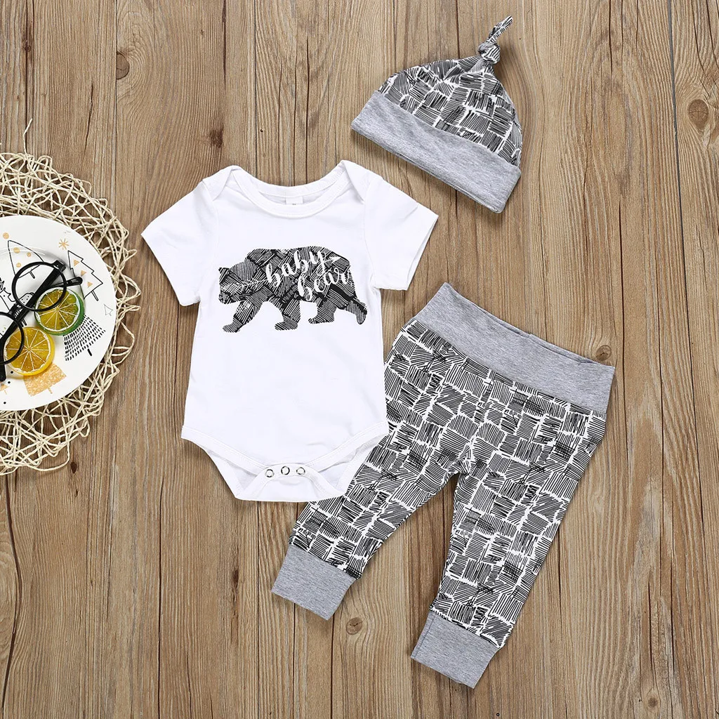 

KLV newborn baby boy clothes set 0-18 months infant boy clothes Bear Letter Romper+ Pants+Hat 3PCS Outfits Set summer#y25