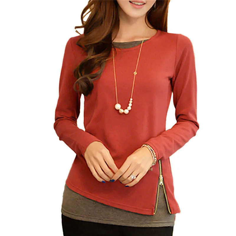 

YSMARKET S-5XL Autumn O Neck Long Sleeve Cotton T Shirt Women Fake Two Pieces Patchwork Zipper Slim Casual Office Ladies Tops