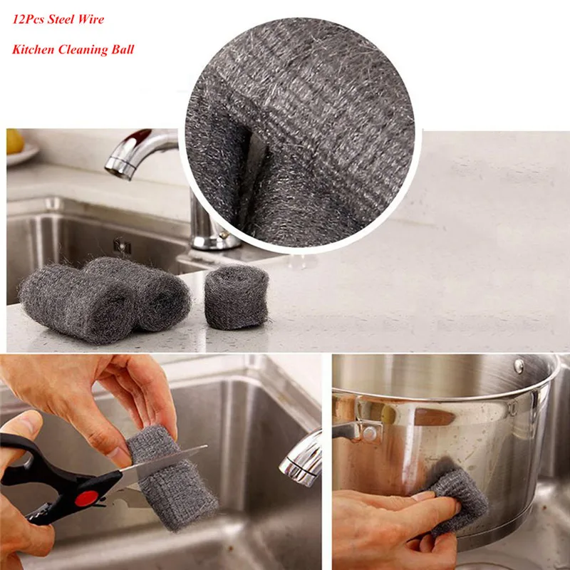 12 Pcs/Set Premium Steel Wool Kitchen Cleaning Ball Stainless Steel Pan