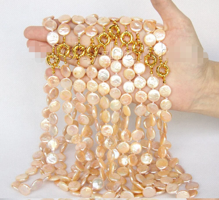 

CBN231 Beautiful wholesale 10pcs 17" 12mm natural coin fastener pink pearls necklace
