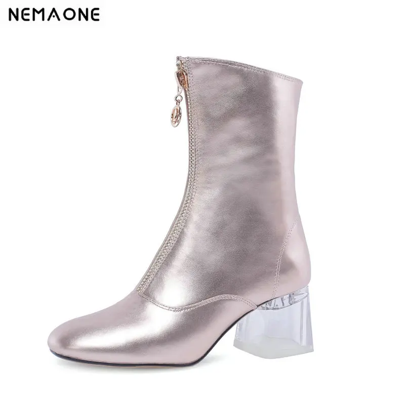 

NEMAONE Genuine leather high heels Women Boots Sexy Ankle Boots square Toe autumn Winter Shoes Women Boots size 34-43