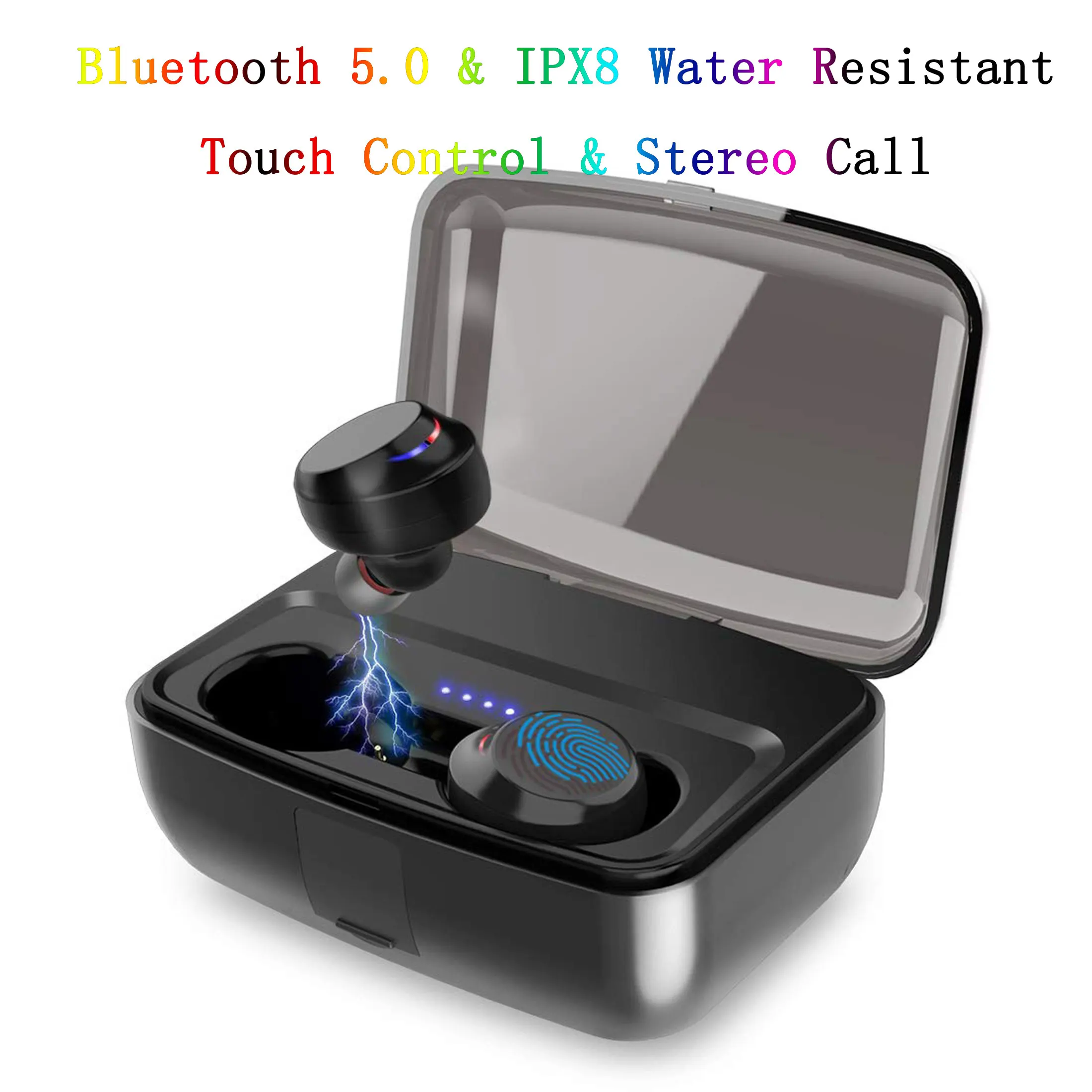 

TWS Bluetooth 5.0 Wireless Headset Touch Control Auto Pairing IPX8 Waterproof Two Headsets work for music and call 3000mAh