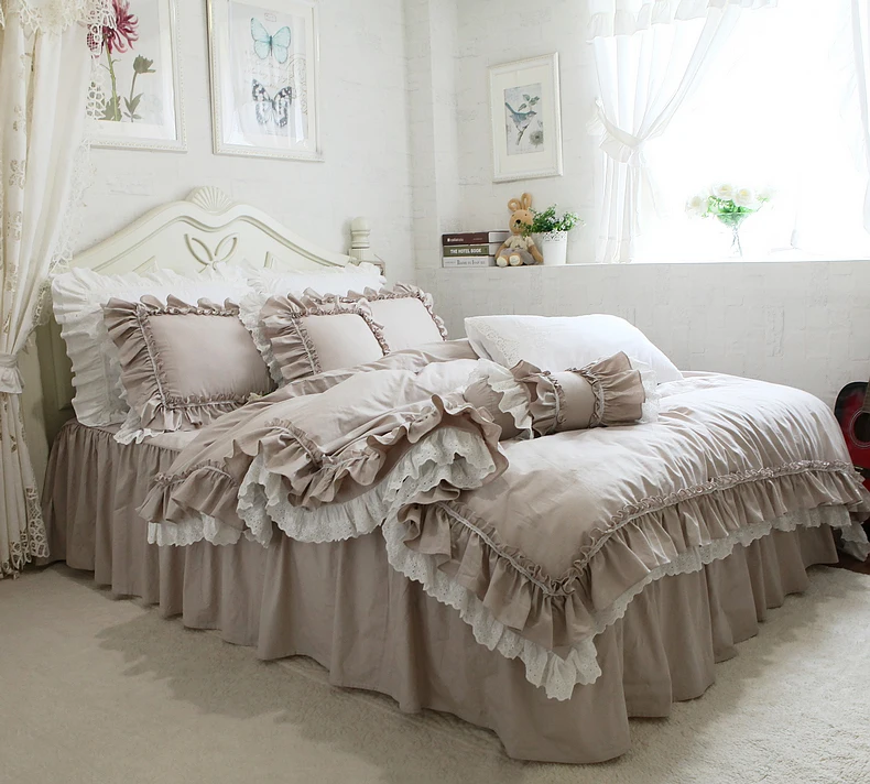 Европейский Комплект постельного белья цвета хаки, двойной кружевной пододеяльник с рюшами, элегантное постельное белье, простыня для свадебного декора, постельное белье