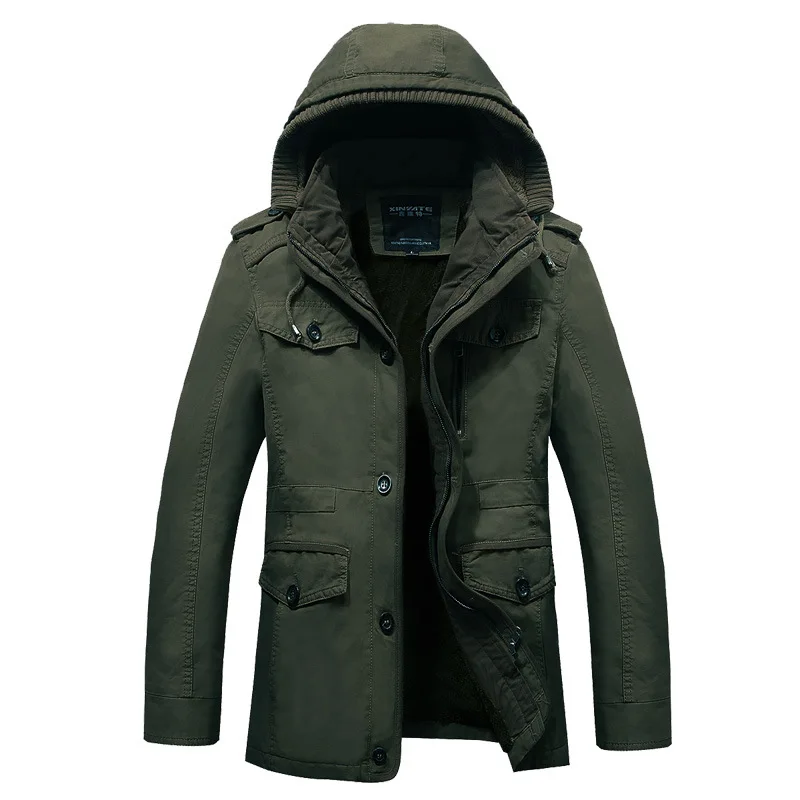 Мужская зимняя утолщенная куртка с капюшоном размера плюс M-6XL цвета хаки, мужская повседневная брендовая хлопковая флисовая плотная куртка для джипа XXXL - Цвет: Зеленый