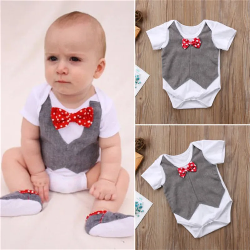 Kids Infant Baby Boys Bowtie Short Sleeve Rompers Tops Newborn Children