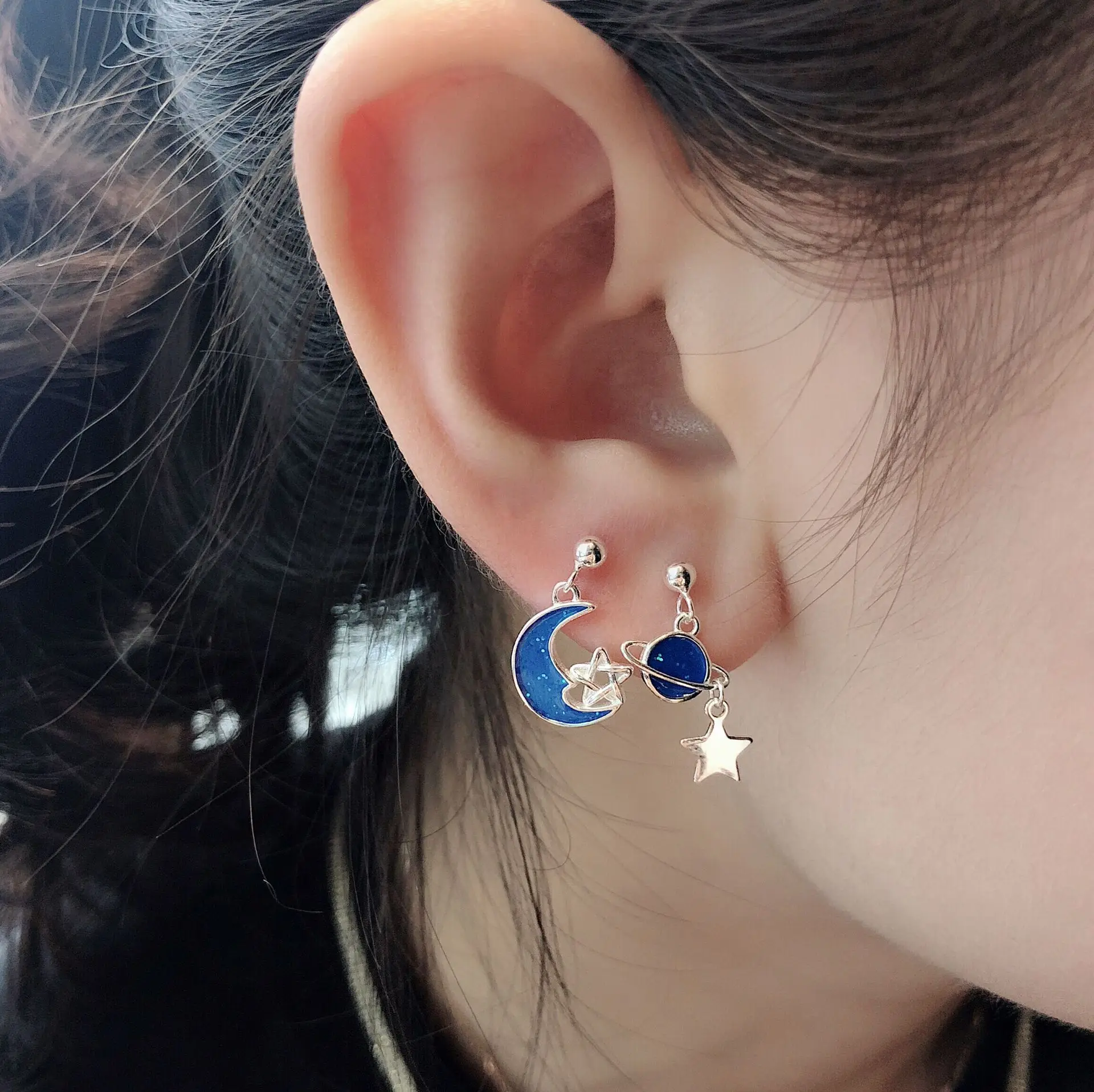 blue moon star planet earrings 100% 925 Sterling silver Jewelry fashion Hypoallergenic Stud earrings for women gift