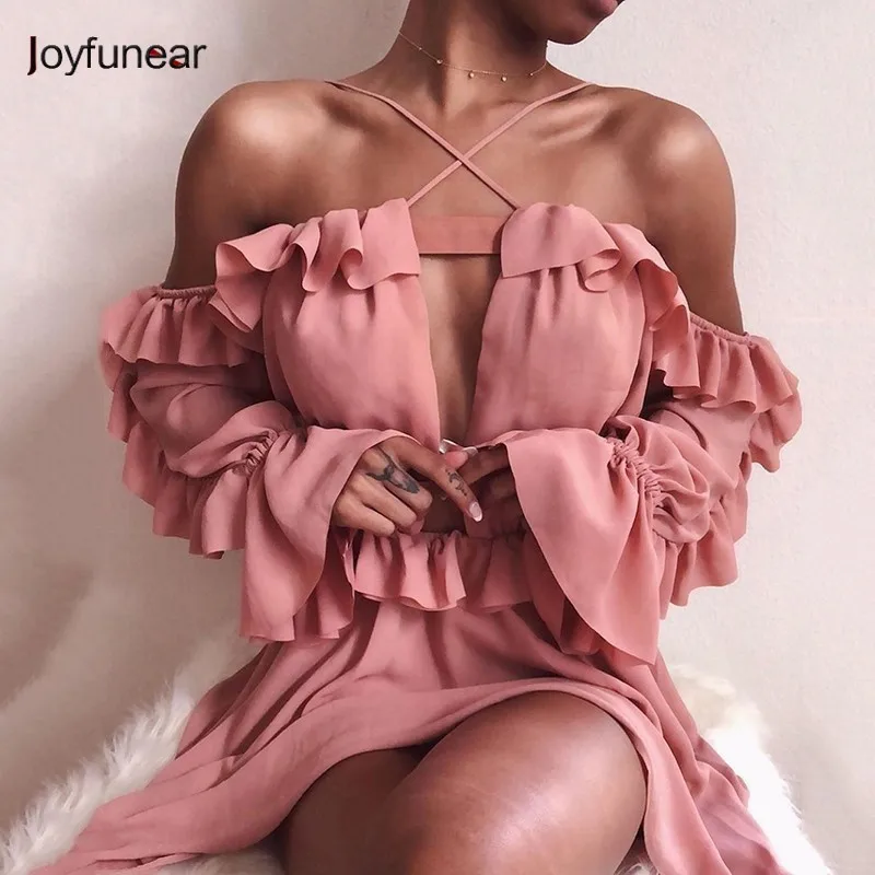 

Joyfunear Cross Back Beach Chiffon Summer Dress 2019 Casual Ruffles Women Dress Loose Ladies Fashion Party Dresses Vestidos 2019