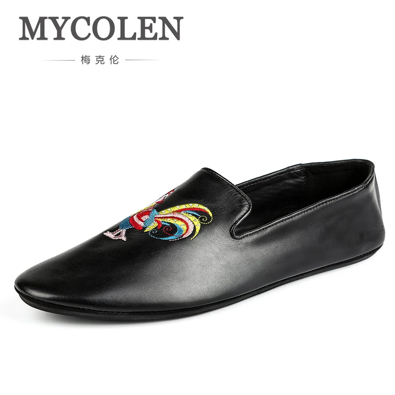 MYCOLEN Italy Fashion Design Men Loafers Embroidery Men Leather Shoes Mens Flat Loafer Party Shoes Erkek Ayakkabi Deri