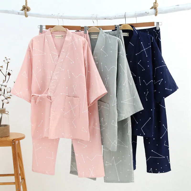 Японское хлопковое газовое кимоно для мужчин и женщин; пижамные комплекты; сезон весна-осень; простая ночная рубашка Yukata; одежда для сна; халат для влюбленных; домашняя одежда