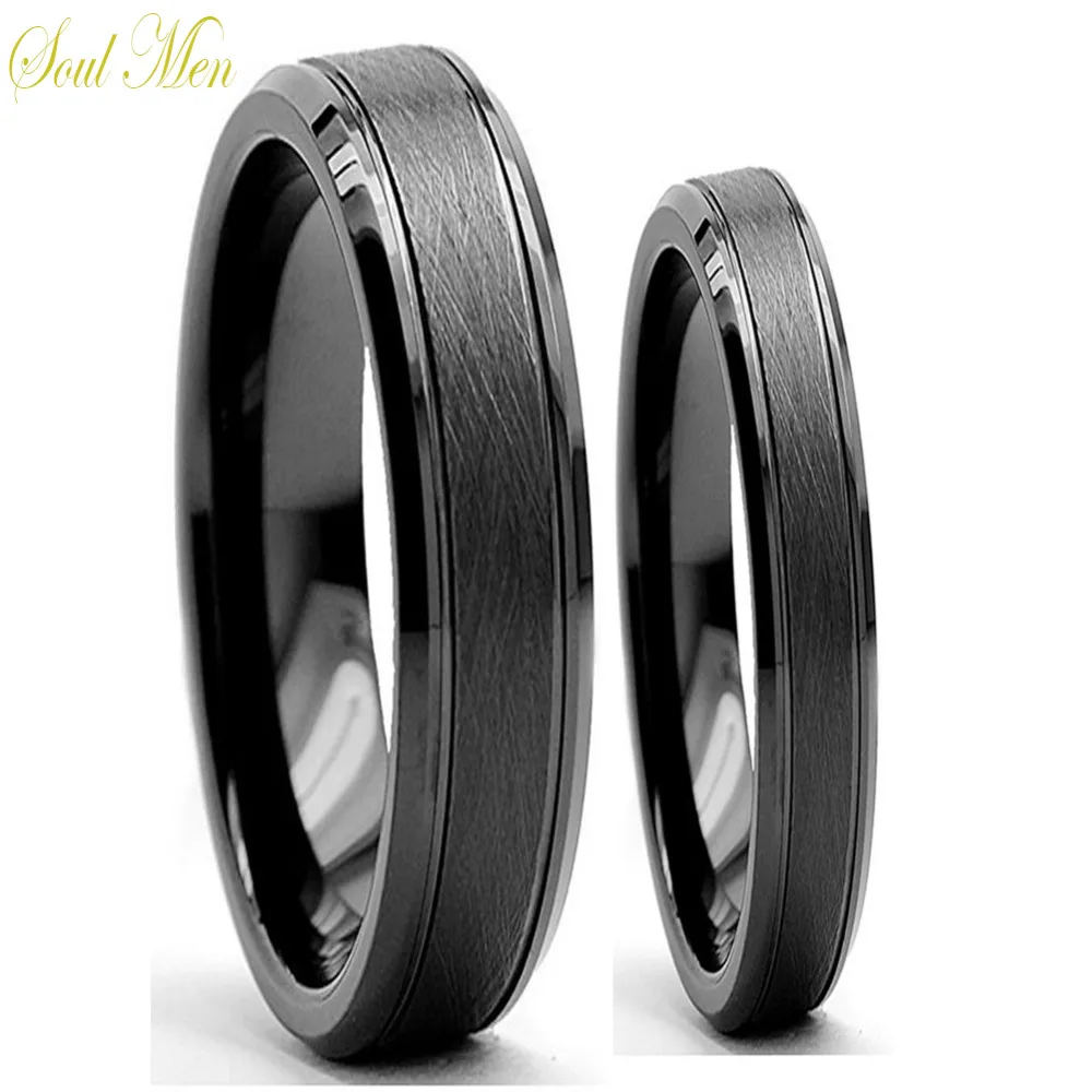 Soul Men Jewelry 1 Pair Cool Mens & Womens Black Tungsten Carbide Engagement Couple Rings Set 6MM for Male 4MM For Female
