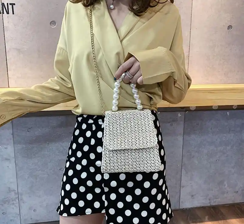 Women Pearl Straw Handbags 3 Colors Small Chain Belt Summer Beach Bags Brand Designer Whole