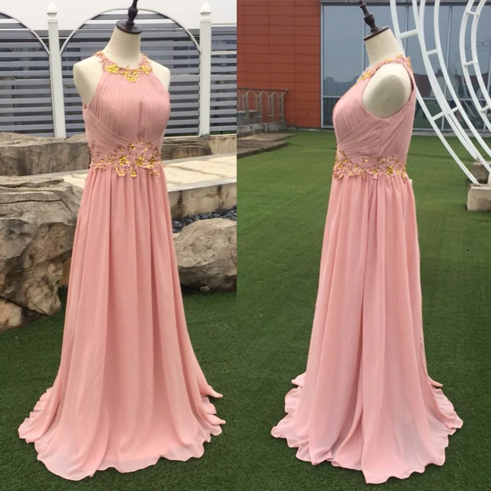 

Lurxy 2019 Prom Dresses Long Peach FAST SHIPPING Women Formal Occasion Wear Halter Chiffon A-Line Evening Gown Cheap Vestidos