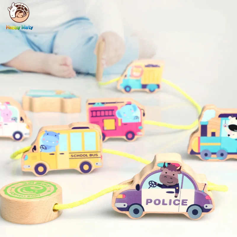

Wooden Pull Toys Cartoon Animals Fram Car Block Stringing Threading Beads Game Education Toy for Baby Boy Girl Kids Children