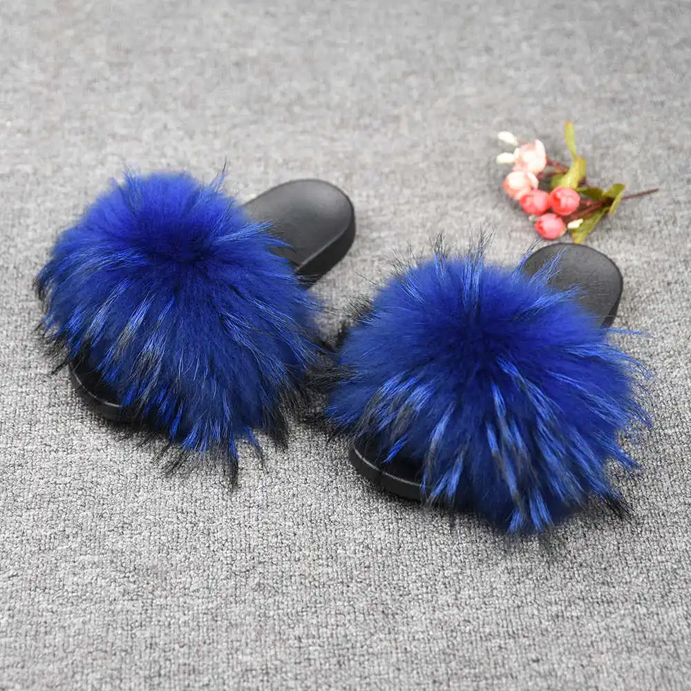 Raccoon Royal Blue Женские меховые шлепанцы модные стильные пушистые шлепанцы с натуральным мехом енота мягкая теплая обувь с большим пушистым мехом S6020E - Цвет: Raccoon Royal Blue