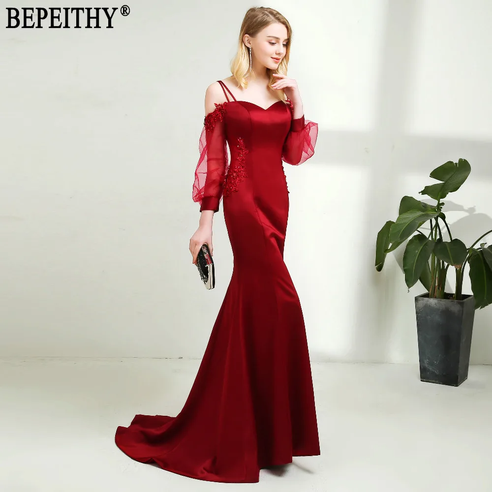 BEPEITHY vestido de festa пикантные новый дизайн бордовый лиф сердечком Половина рукава платье для выпускного вечера Длинные Русалка Вечерние платья