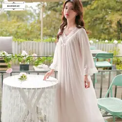2019 Весна Сладкий модал белый кружево женские длинные ночные рубашки для девочек элегантные свободные мягкие принцессы сексуальная пижама
