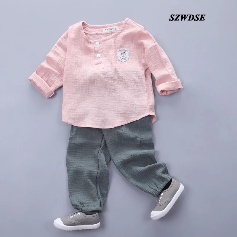 

2017 NEW HOT Children's unisex Sets kids summer thin linen clothing breathable pullover tops+long pants for 1-4 years boy/girls