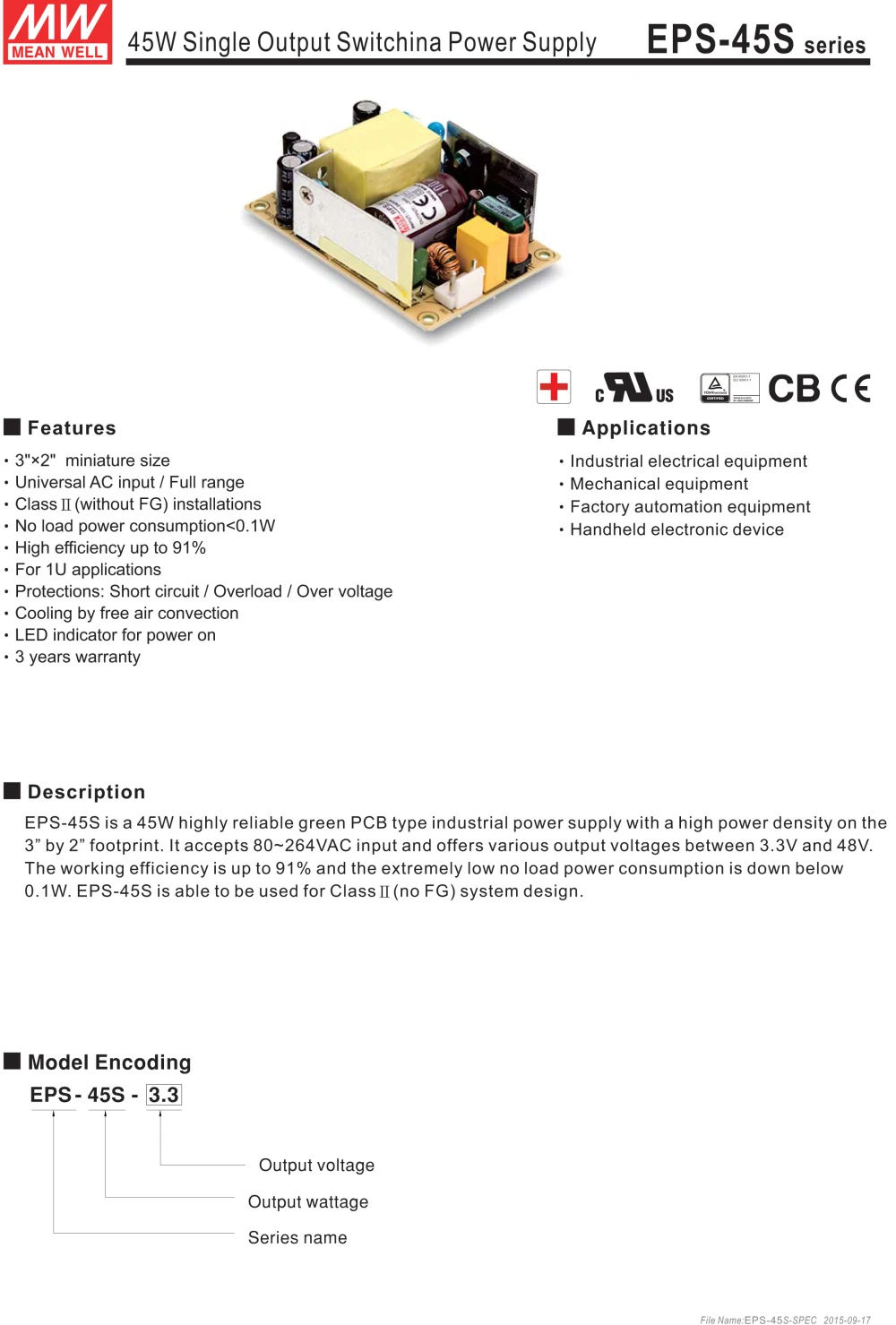 

Hot sale MEAN WELL original EPS-45S-7.5 7.5V 5.4A meanwell EPS-45S 7.5V 40.5W Single Output Switching Power Supply