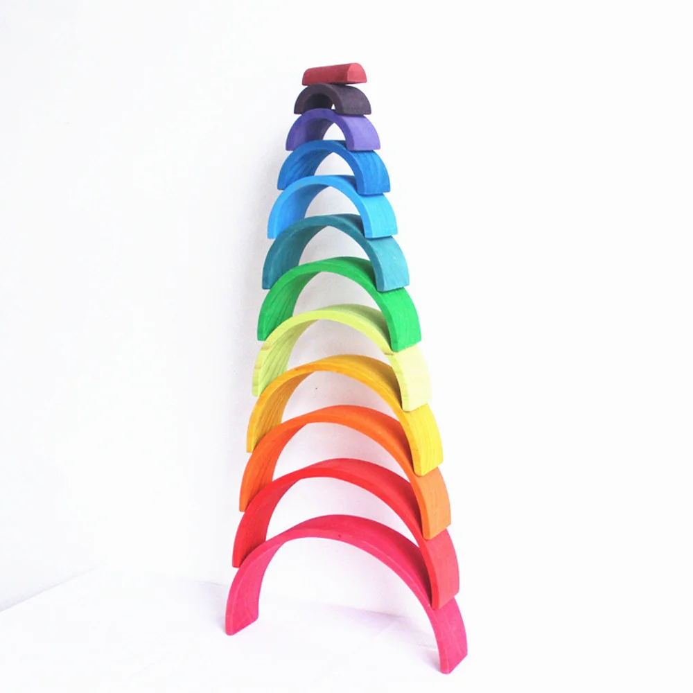  12 Pcs/Lot Baby Toys Rainbow Blocks Wooden Arcoiris Stacker Nesting Puzzle Creative Montessori Buil