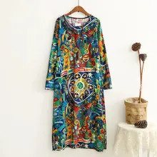 2017 Vintage Art Chinese Collar Long Sleeve Cotton Dress Women Slim Abstract Print National Wind Dress Plus Size Maxi Robe