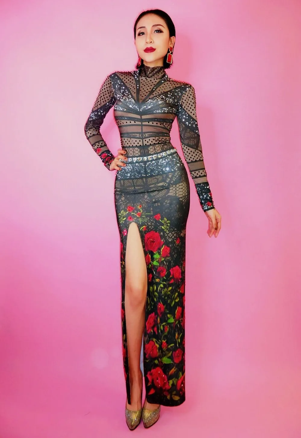 New Black Rhinestones Cheongsam Printed Flowers Dress Skinny Evening Wear Women's Prom Birthday Celebrate Dresses | Тематическая