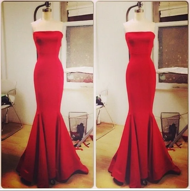 

2015 red long Satin Strapless sexy Mermaid Evening Dress For Party Real Picture Elegant party prom Dresses vestido de festa