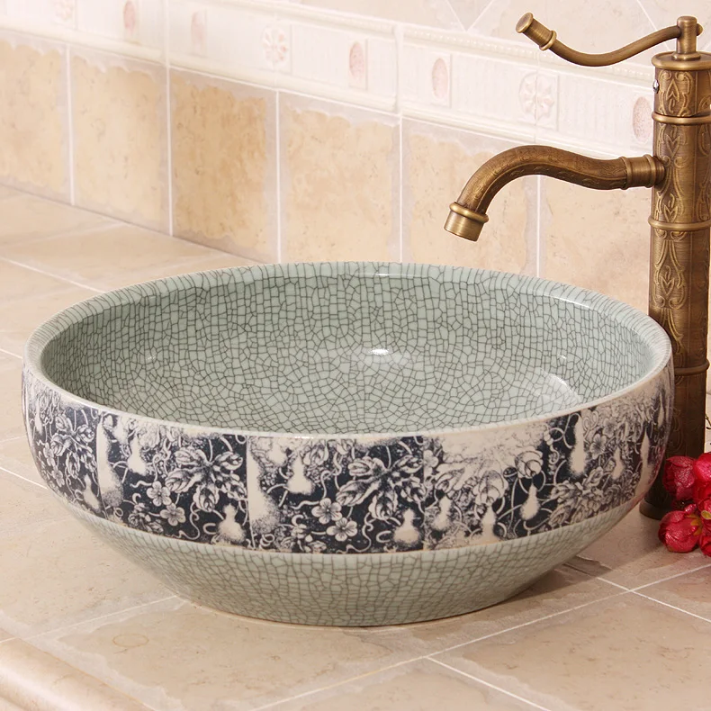 Crackle glaze Europe Vintage Style Ceramic Art Basin Sinks Counter Top Wash Basin Bathroom
