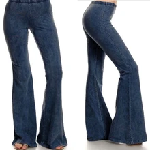 Расклешенные женские джинсы винтажные длинные расклешенные брюки с эластичным поясом Женские однотонные с высокой талией ретро эластичные синие обтягивающие джинсовые брюки H30
