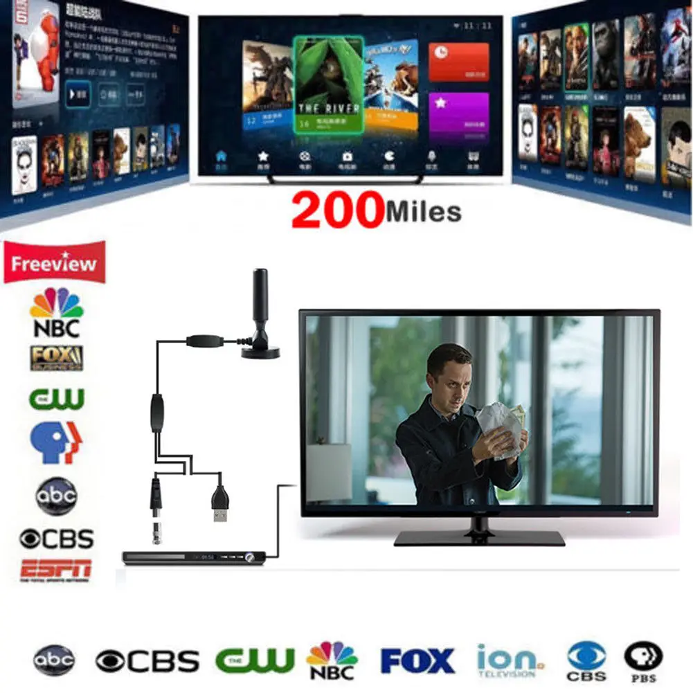 200 миль Крытый цифровой антенна для HD ТВ с сигнала 2 XAmplifier Booster HD ТВ 4 K ТВ антенны