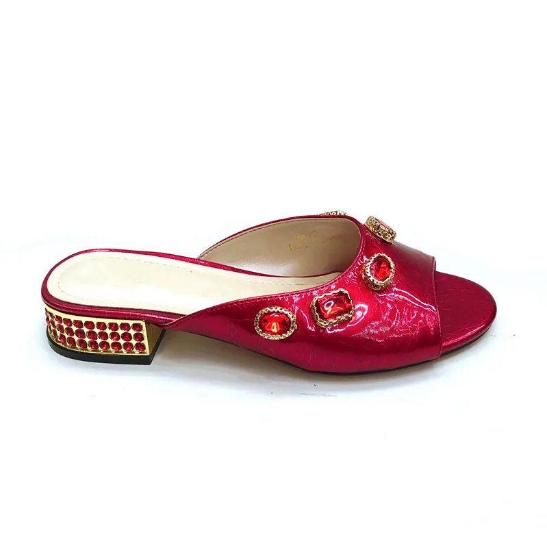 

Pretty red party medium heel slippers African lady shoes with stones, heel height 4cm, AS115-1
