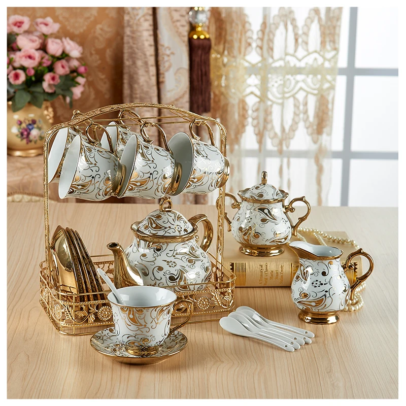 15 шт., европейский стиль, Королевский керамический кофейный чайный набор, домашняя чашка для воды, в комплекте 6 чашек, 6 блюдцев, 1 держатель, 1 сахарница, 1 кувшин для молока
