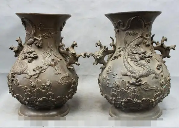 S5032 1" Китайский Королевский Дворец Чистая Бронза Медь Дракон Статуя Твин Ваза Пот Пара