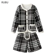 RUBU New Autumn Spring Baby Girl Clothing Set Kids Knitted Plaid Suits Girls Long Sleeve Jackets+Short Pants 2Pcs for Kids Suits