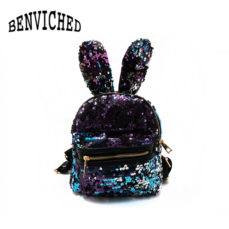 

New Bling Sequins Backpack Cute Big Rabbit Ears Double Shoulder Bag Women Mini Backpack Children Girls Travel Bag S021