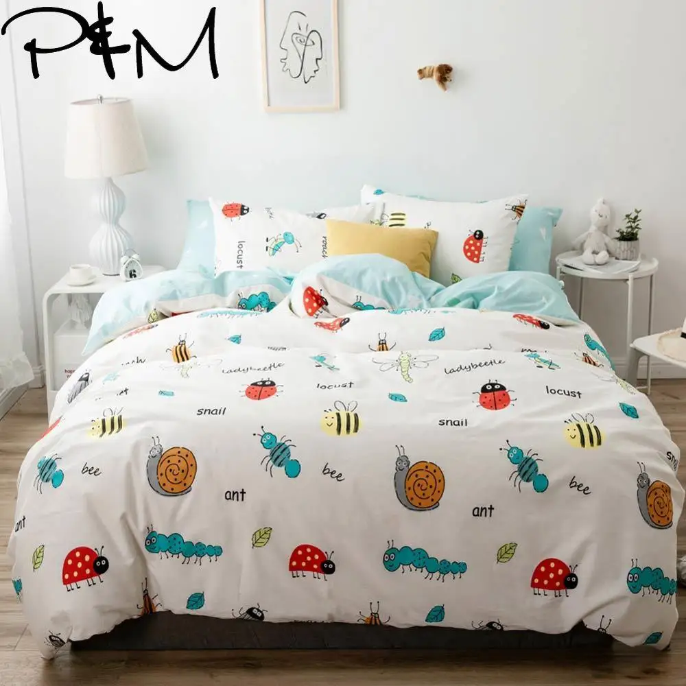 

Papa&Mima Small insect print Cartoon style cotton Queen Twin size bedding set duvet cover flat sheet pillowcases