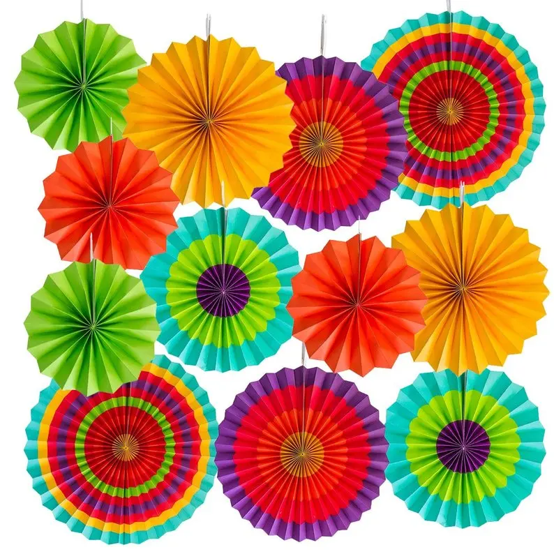 12pcs Fiesta Colorful Paper Fans Rosettes Party Fans Mexican