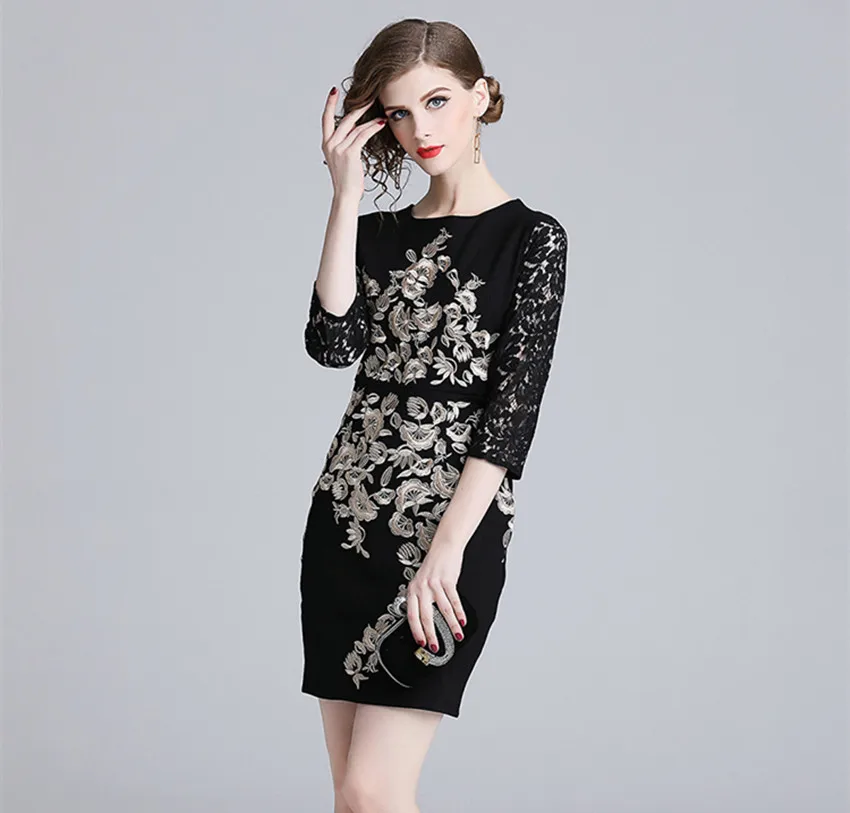 HAMALIEL, высококачественное вышитое цветочное женское облегающее платье, Осеннее черное лоскутное кружевное Открытое платье, облегающее платье карандашом