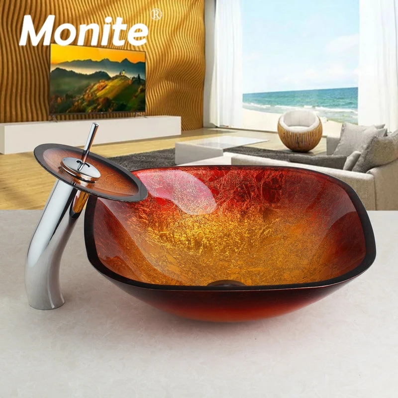 Monite Waterfall Square Gold Bathroom Sink Washbasin Bath Set Faucet Mixer Tap Tempered Glass Hand Painted Basin | Обустройство дома
