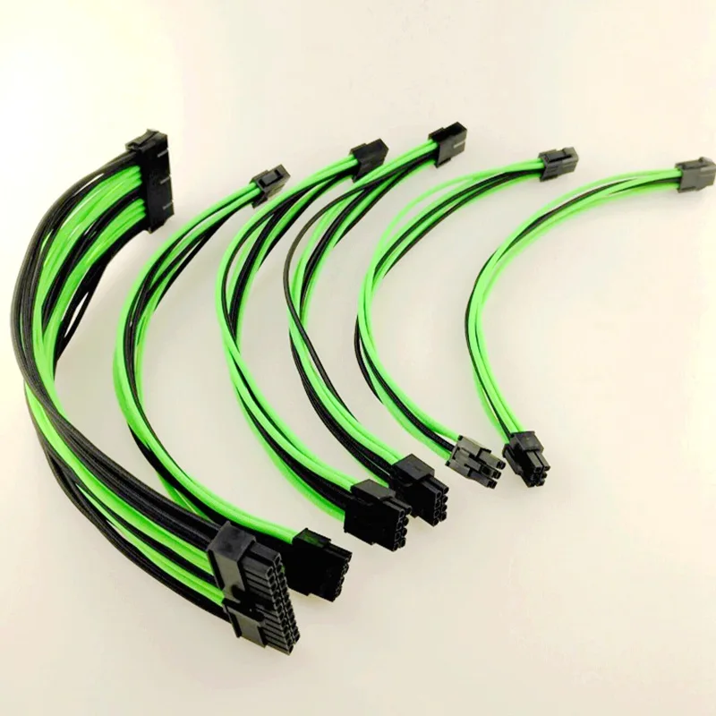50 комплектов 18AWG ATX/PCI-E удлинитель комплект ATX 24Pin/EPS 4+ 4Pin/PCI-E 8Pin/PCI-E 6Pin нейлоновая оплетка УДЛИНИТЕЛЬ шнур черный+ зеленый - Цвет: Black-Green