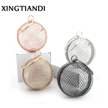 

2018 NEW Fashion Hollow Out Evening Bag Round Women Clutch Bag Gold Alloy Ladies Chain Shoulder Bags Luxury Wrist Bag Handbag