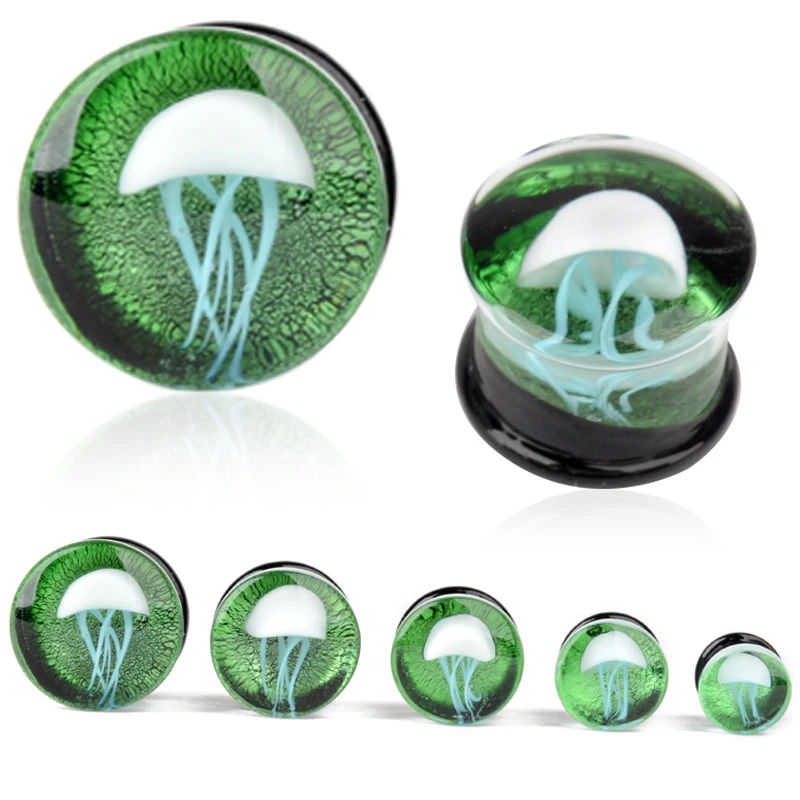 2pcs 8-16mm Green Jellyfish Grass Ear Plug Ocean Double Flared Translucent Bright Ear Gauge Expander Ear Piercing Body Jewelry
