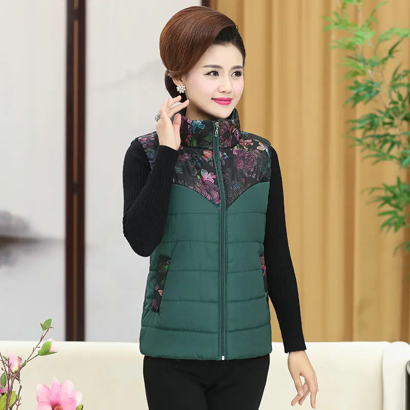 Green Vest Female Цветочный пуховый жилет, женский красный зеленый черный стеганый жилет, Женский Повседневный осенний зимний жилет с подкладкой, женский жилет без рукавов - Цвет: Green Vest Female