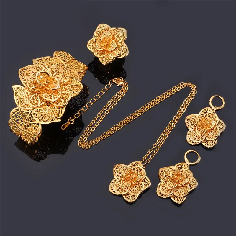 U7 Vintage Flower Jewelry Sets Gold Color Necklace Cuff Bracelet U7 Vintage Flower Jewelry Sets Gold Color Necklace Cuff Bracelet Earrings And Ring Bridal Wedding For Women Gift S56 In From
